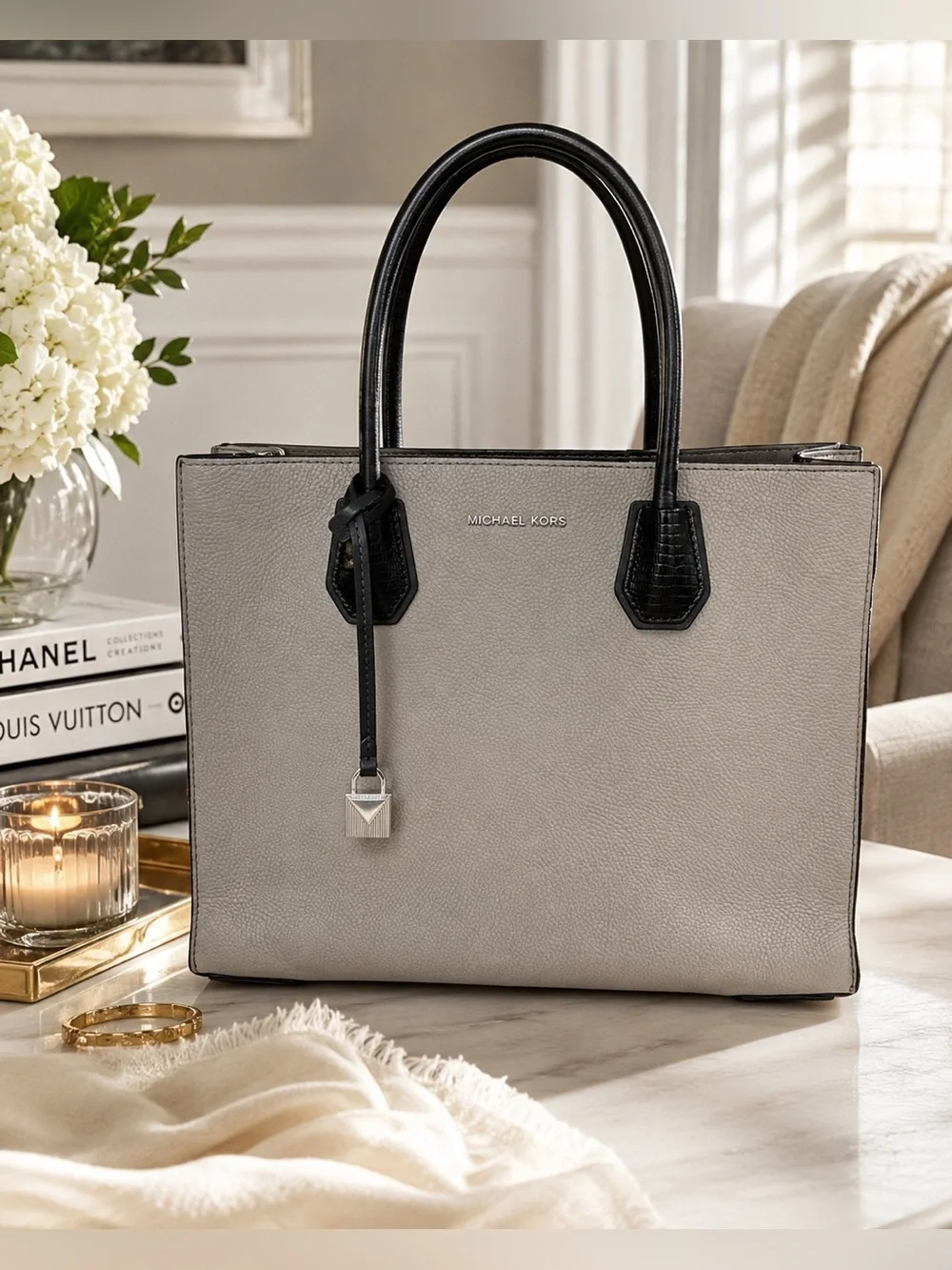 Michael Kors Mercer Studio Large Accordion Tote Pearl Grey Black Leather
